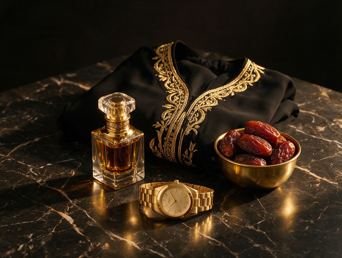Perfume, abaya, tâmaras e relógio sobre mármore escuro